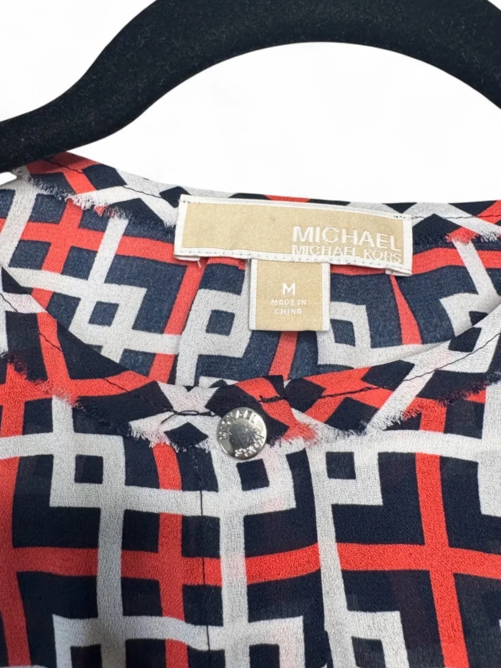 Michael Kors Navy Red White Geometric Button-Front Blouse